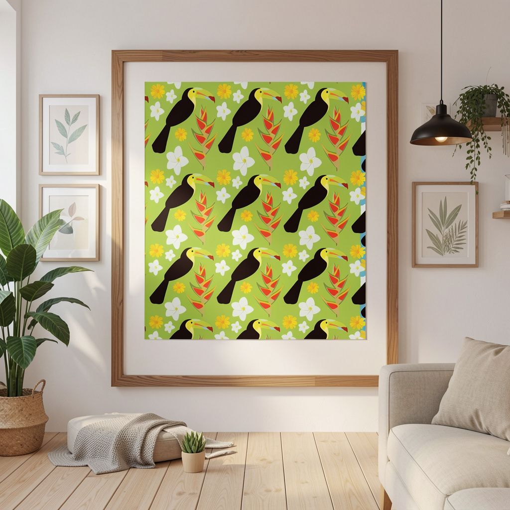 Poster Tucanes y Flores - Diseño Tropical en Tonalidades Verde