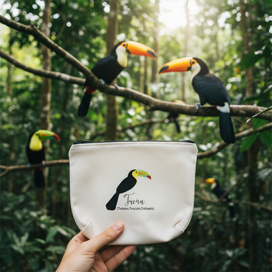 Estuche Tucán Tropical: Organizador de Maquillaje y Viajes en Denim