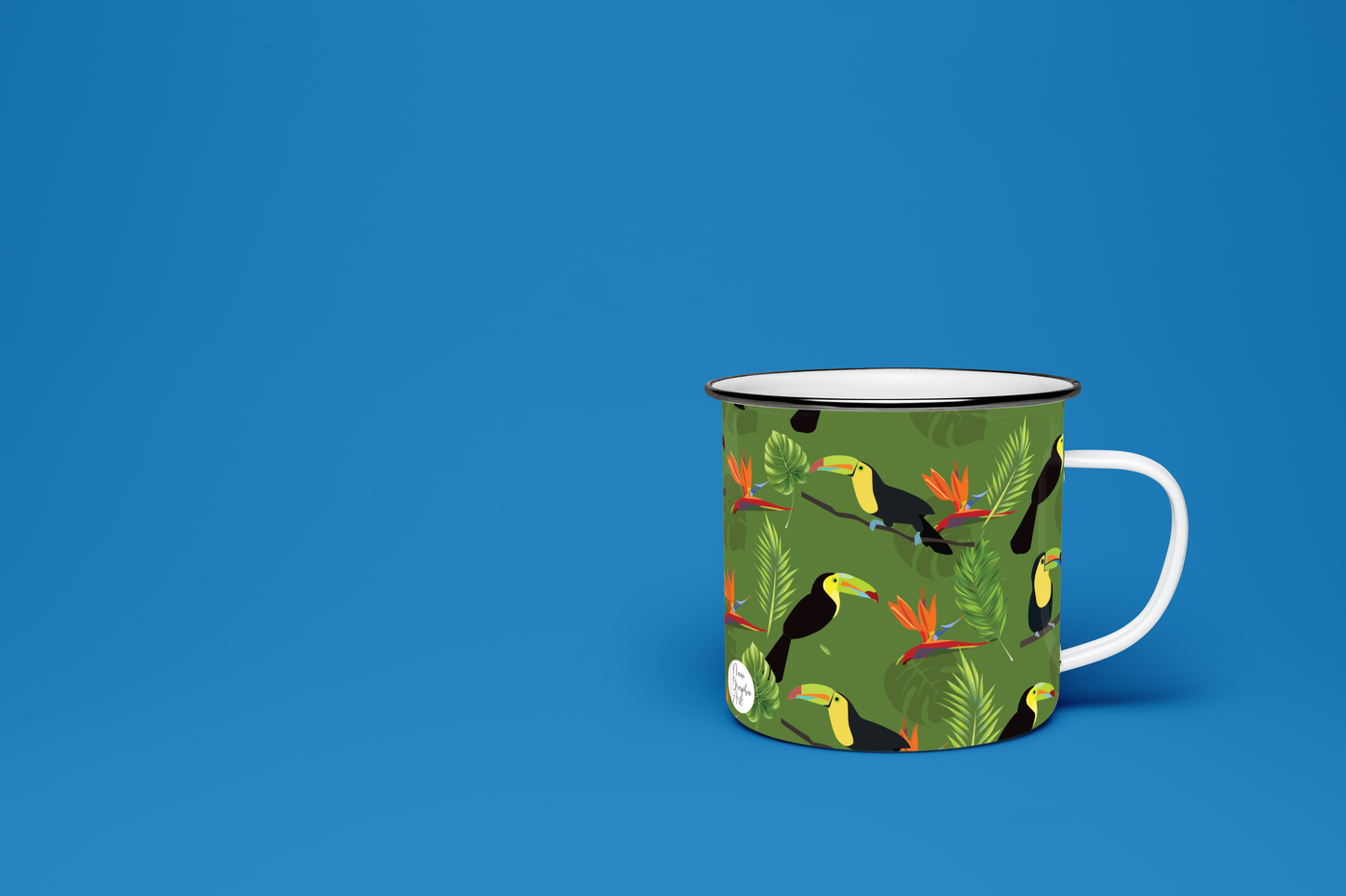 Taza de Peltre Personalizada - Ilustración Tucanes y Ave del Paraíso (Venezuela)