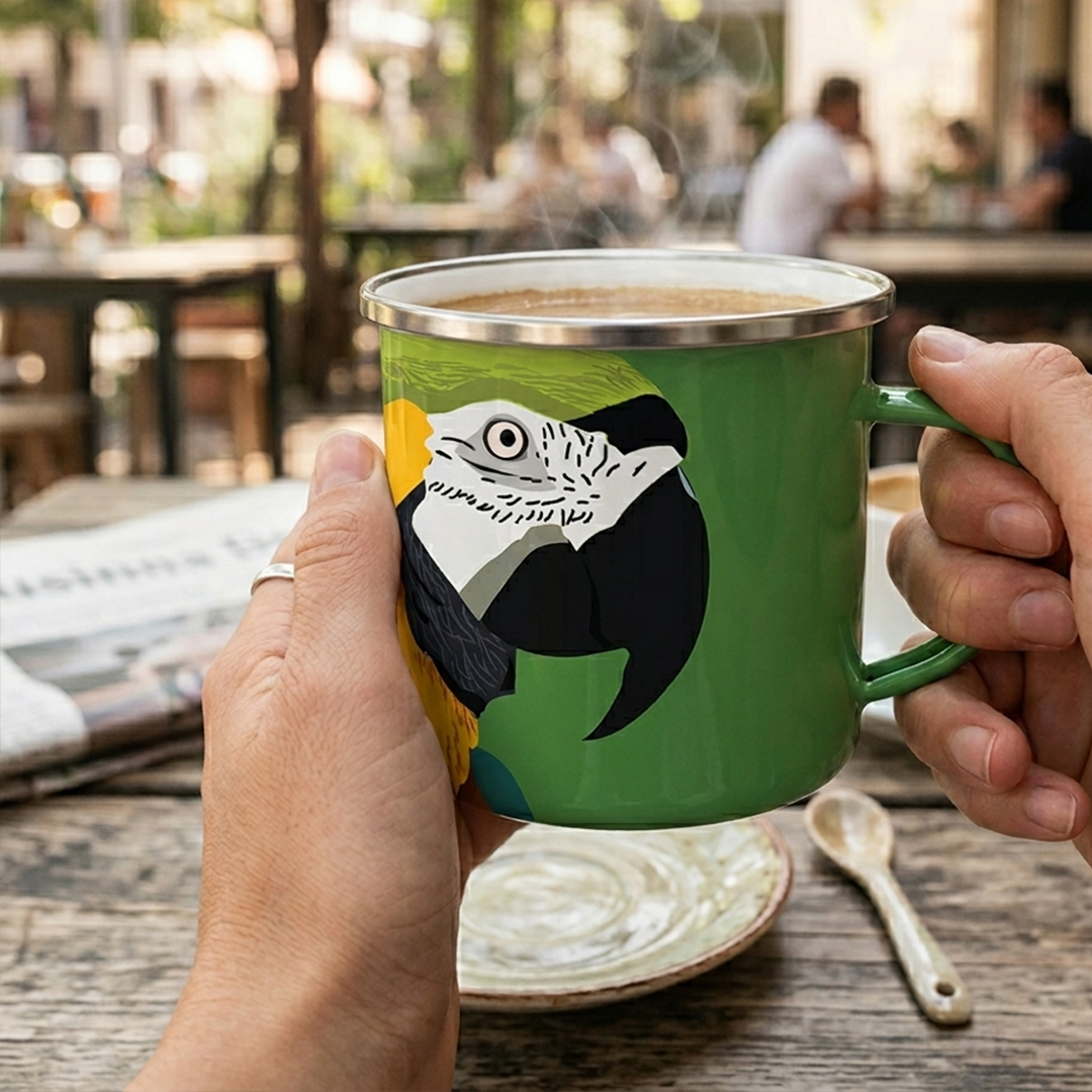 Taza de Peltre Guacamayas | Diseño Tropical Venezolano | NaniGraphicart