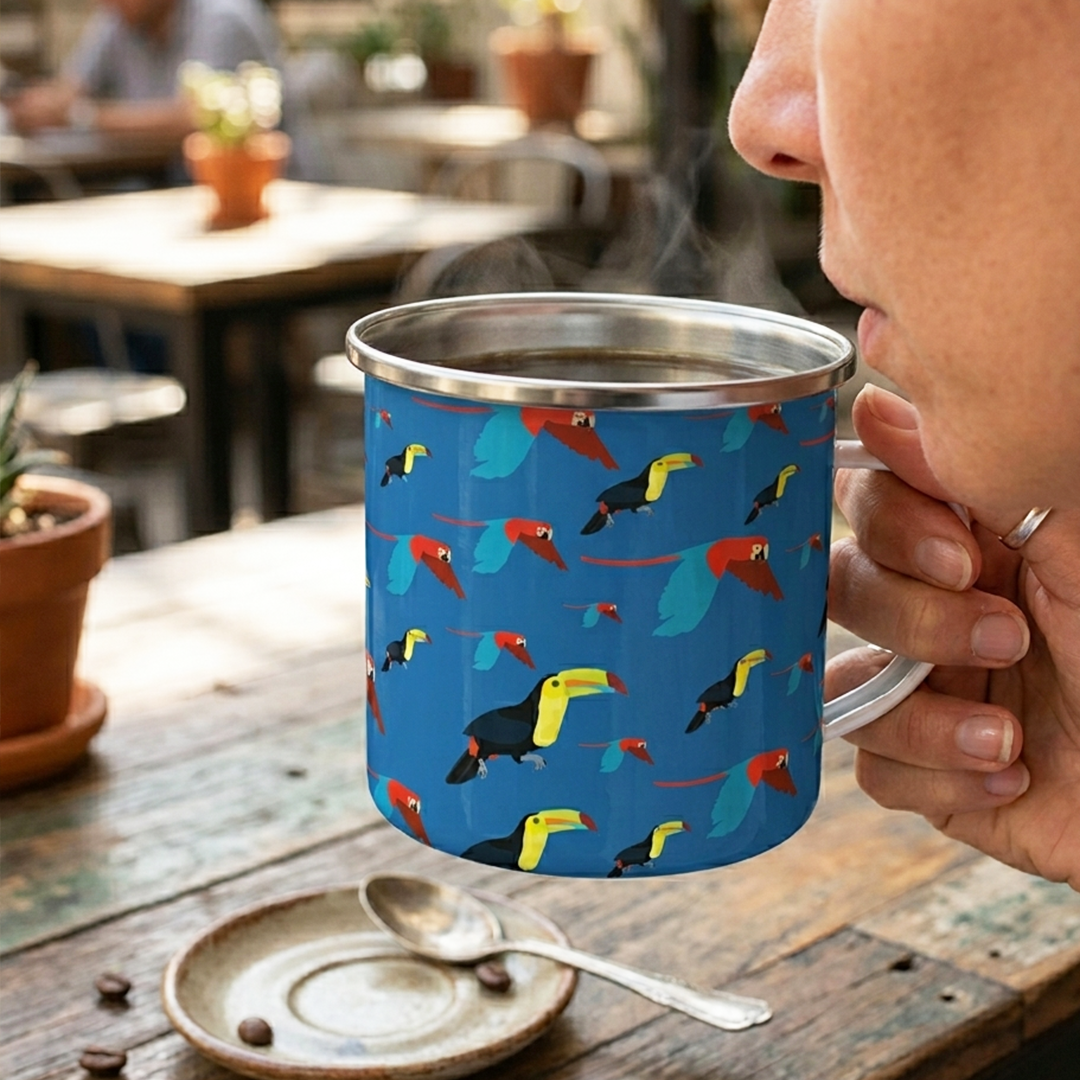 Taza de Peltre Guacamayas y Tucanes | Diseño Tropical | Edición Especial
