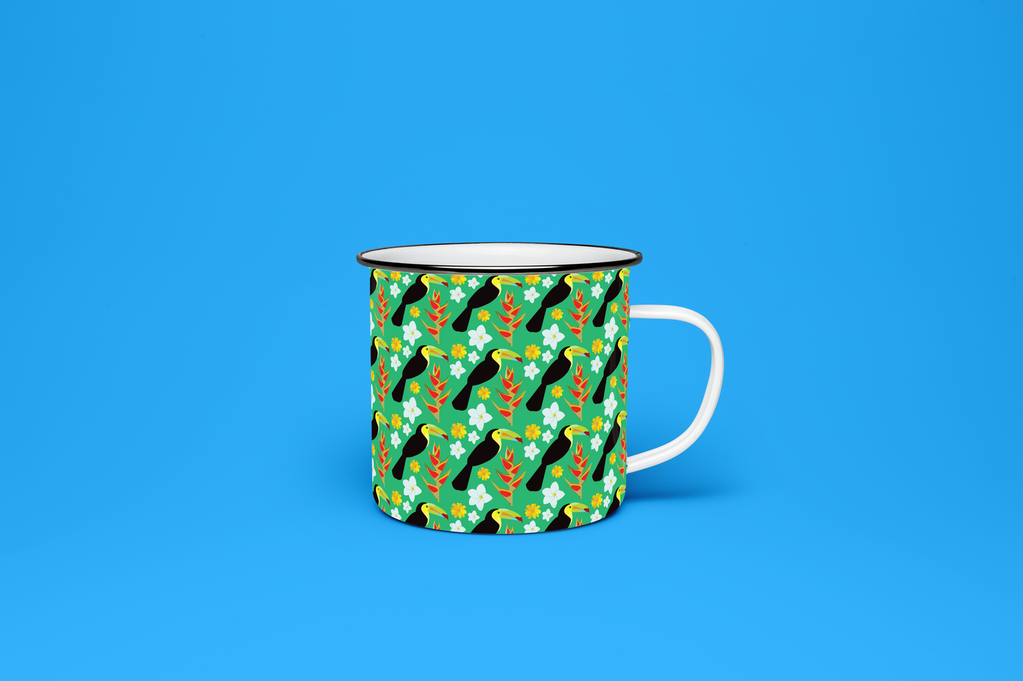 Taza de Peltre Tucanes y Heliconias | Diseño Tropical | NaniGraphicart