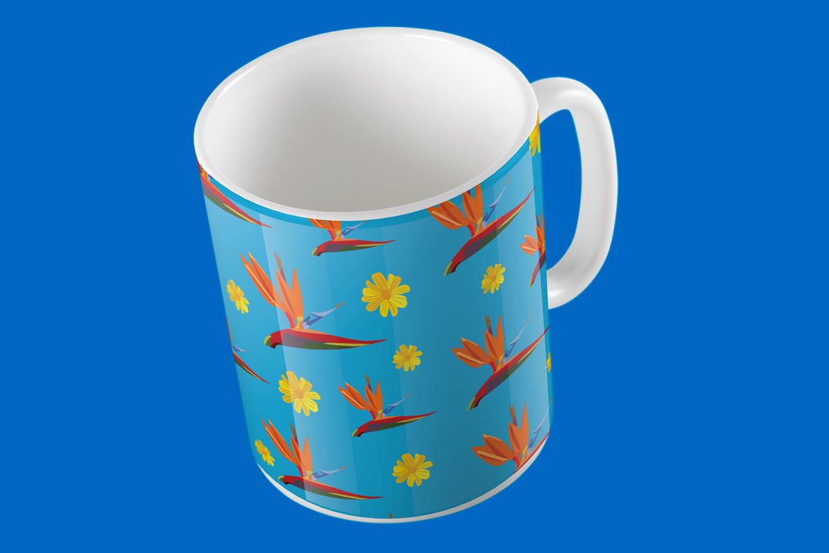 Taza de Cerámica Flores Tropicales Fondo Azul | Diseño Tropical | NaniGraphicart