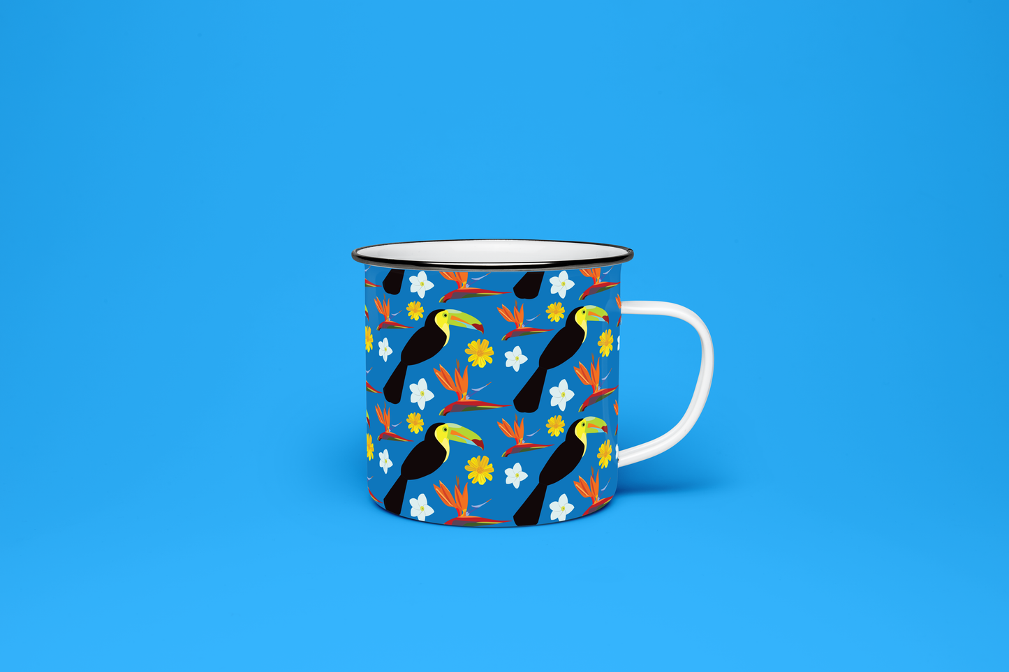Taza de Peltre Tucanes y Aves del Paraíso | Diseño Tropical | NaniGraphicart