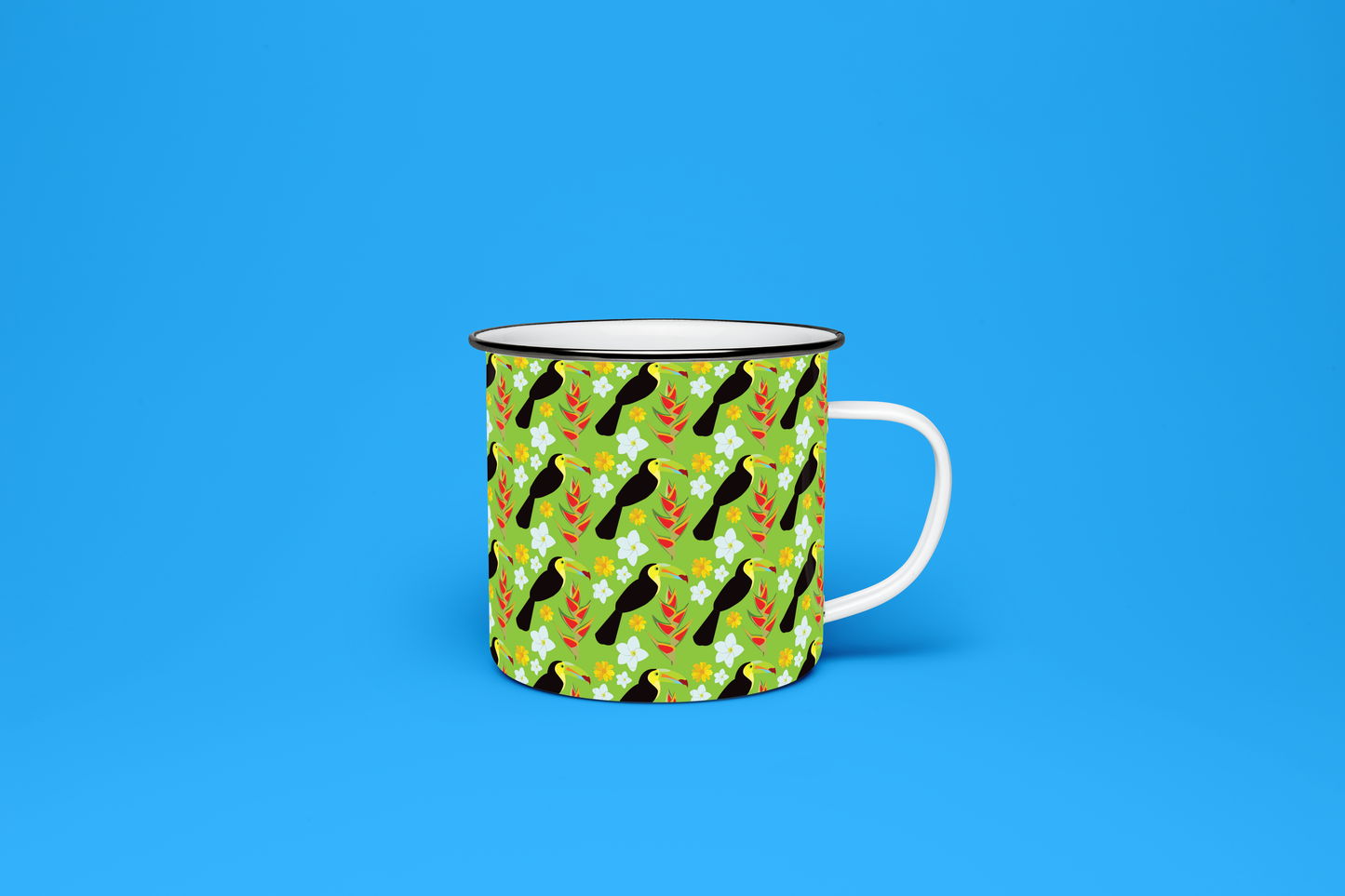 Taza de Peltre Tucanes y Flores Fondo Verde | Diseño Tropical | NaniGraphicart