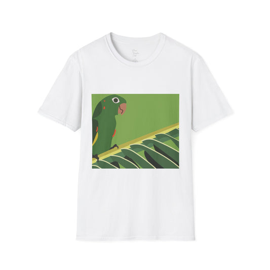 Parrot on Leaf T-Shirt — Tropical Green Parakeet Graphic Tee