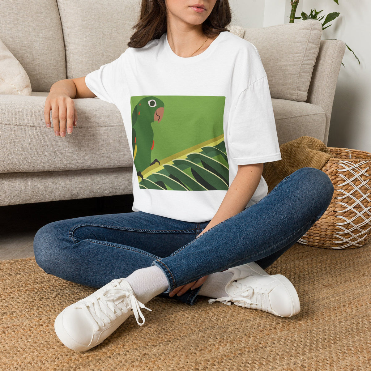 Parrot on Leaf T-Shirt — Tropical Green Parakeet Graphic Tee