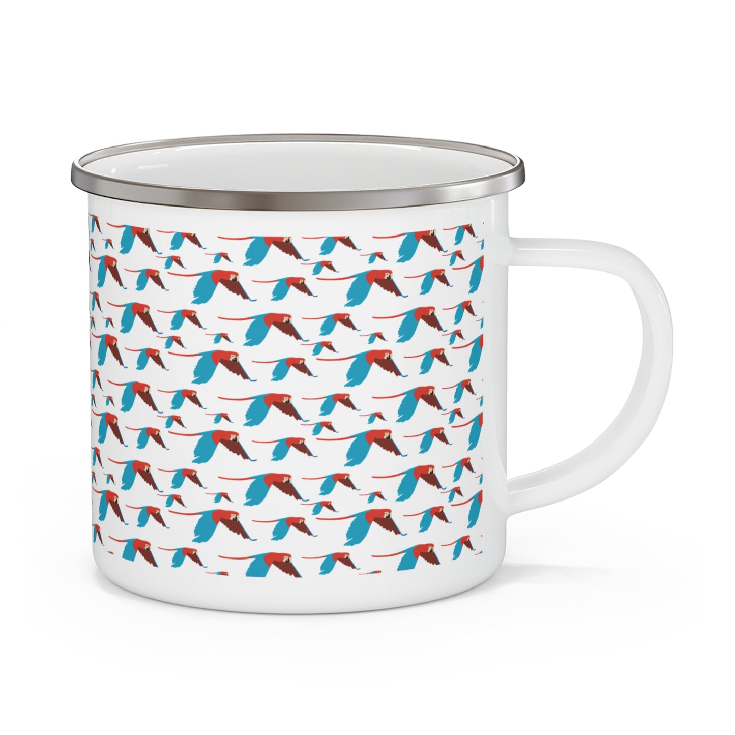 Enamel Mug — Retro Teal & Coral Bird Pattern Camping Cup