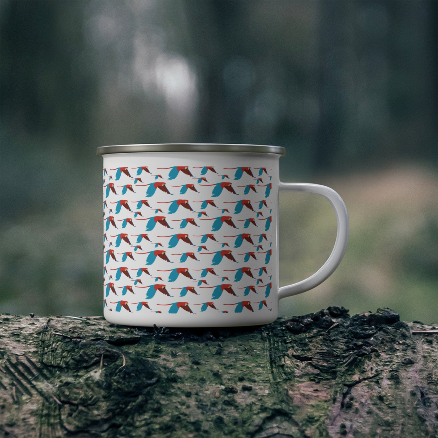 Enamel Mug — Retro Teal & Coral Bird Pattern Camping Cup