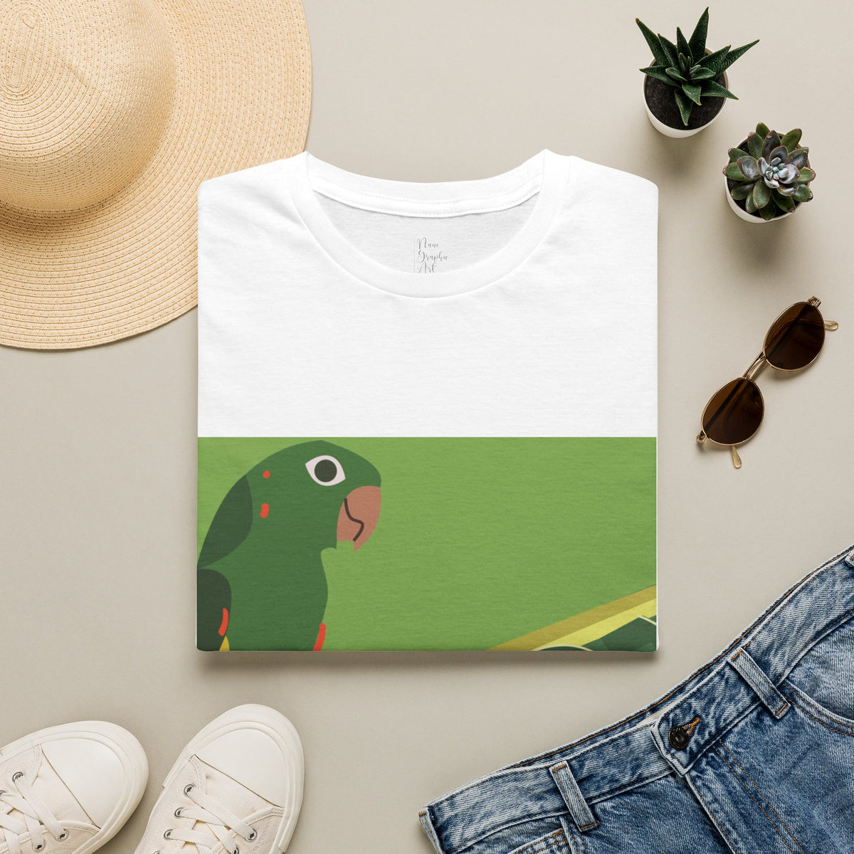 Parrot on Leaf T-Shirt — Tropical Green Parakeet Graphic Tee
