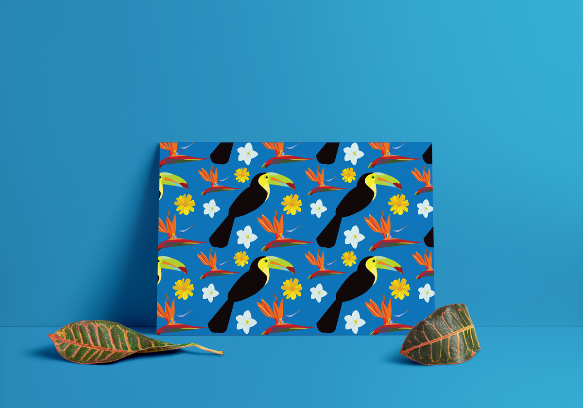 Poster Tucanes y Flores - Diseño Tropical en Tonalidades Azules