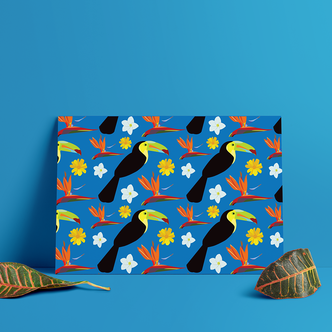 Poster Tucanes y Flores - Diseño Tropical en Tonalidades Azules