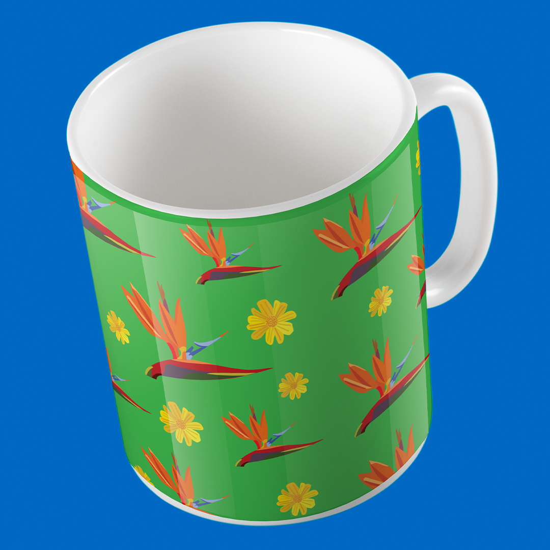 Taza de Cerámica Aves del Paraiso Fondo Verde  | Diseño Tropical | NaniGraphicart
