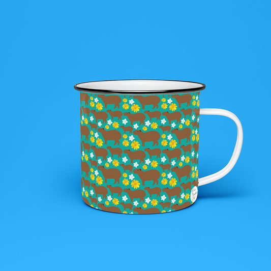 Taza de Peltre Chigüire y Flores Tropicales Fondo Azul | Pocillo Venezolano Premium