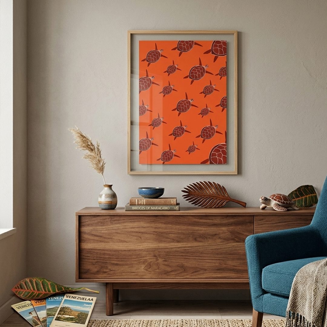Póster de Tortuga Carey Ilustrado | Cuadro Decorativo Costero (42x29 cm)