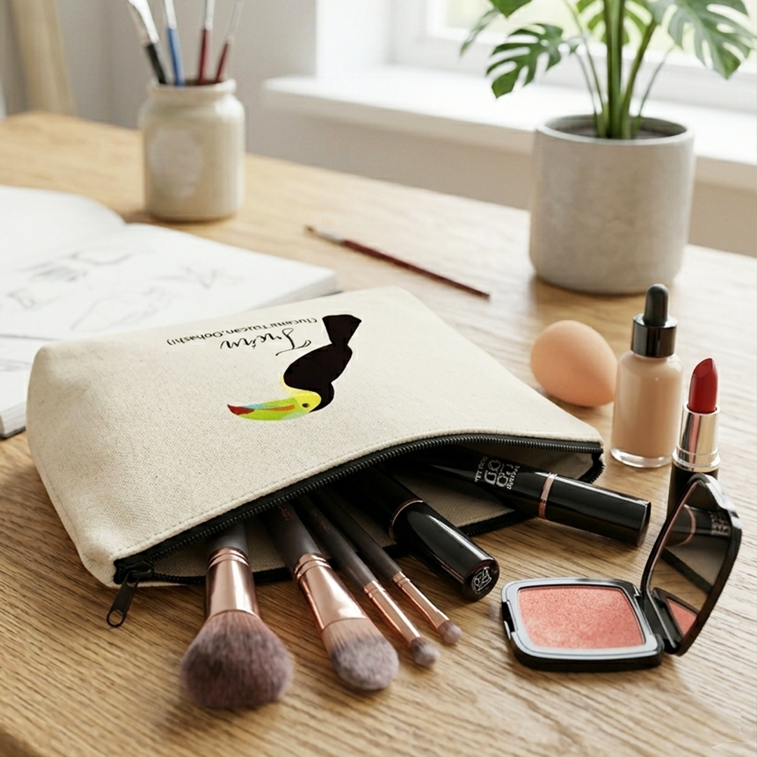 Estuche Tucán Tropical: Organizador de Maquillaje y Viajes en Denim