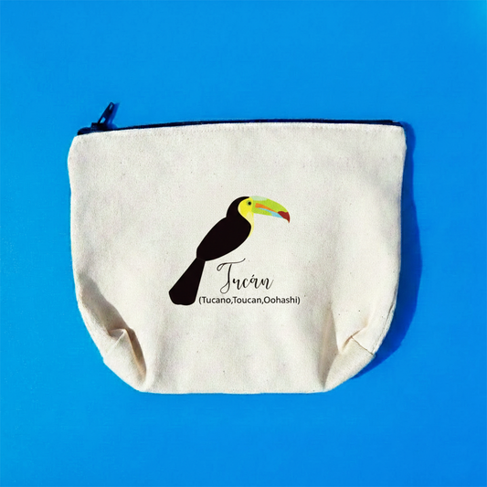 Estuche Tucán Tropical: Organizador de Maquillaje y Viajes en Denim