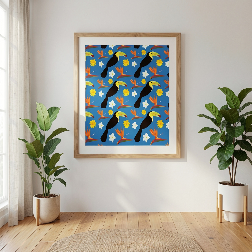 Poster Tucanes y Flores - Diseño Tropical en Tonalidades Azules