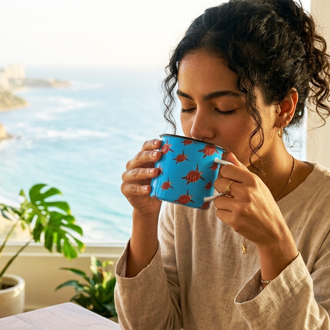 Taza de Peltre "Tortugas Marinas" - Fondo Azul | Regalo Original de Peltre