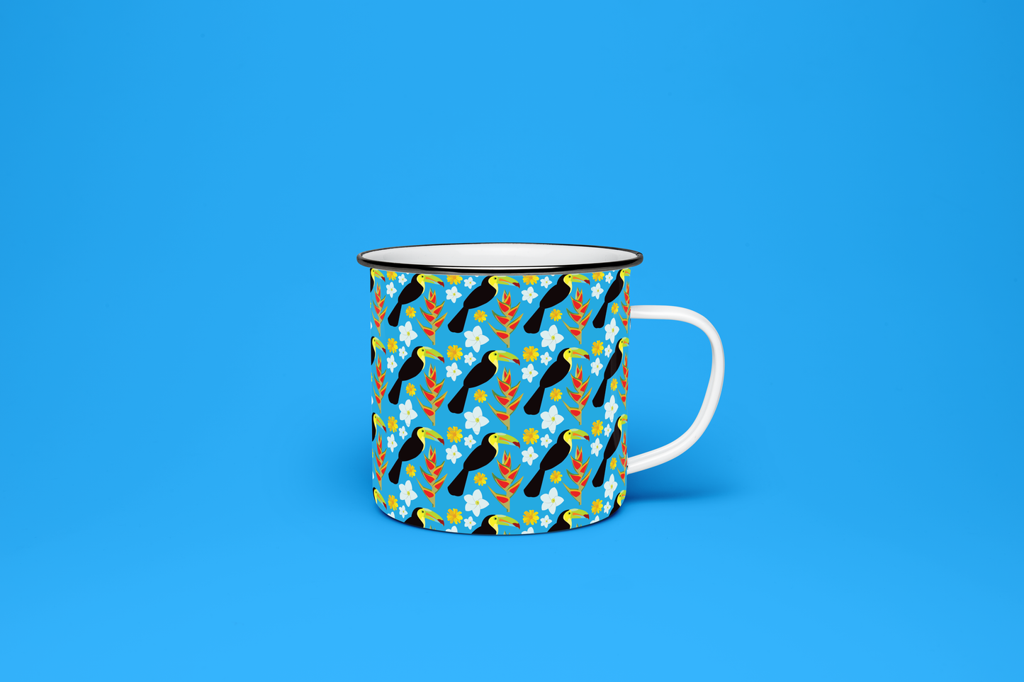 Taza de Peltre Tucanes y Flores | Diseño Tropical | NaniGraphicart