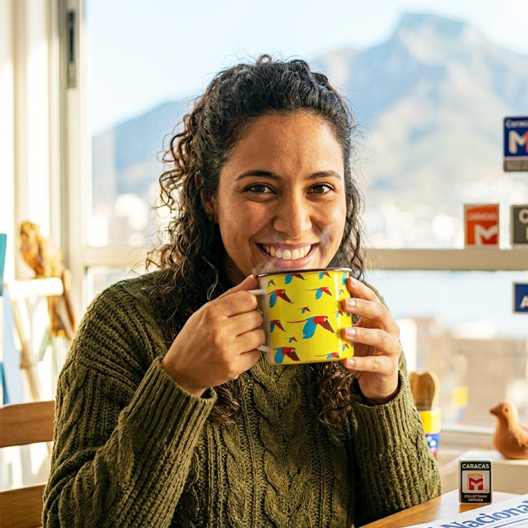 Taza de Peltre con Guacamayas Amarilla | Taza de Metal Diseño Exótico y Colorido