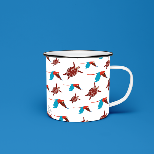 Taza de Peltre Personalizada - Ilustración Guacamayas y Tortugas de Venezuela