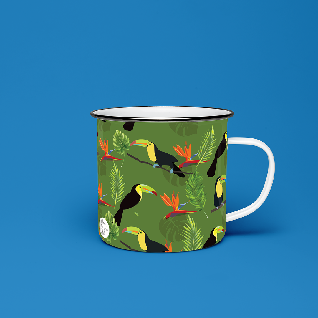 Taza de Peltre Personalizada - Ilustración Tucanes y Ave del Paraíso (Venezuela)