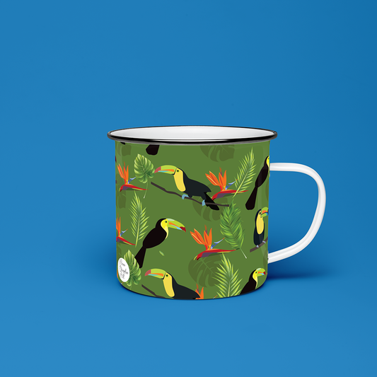 Taza de Peltre Personalizada - Ilustración Tucanes y Ave del Paraíso (Venezuela)