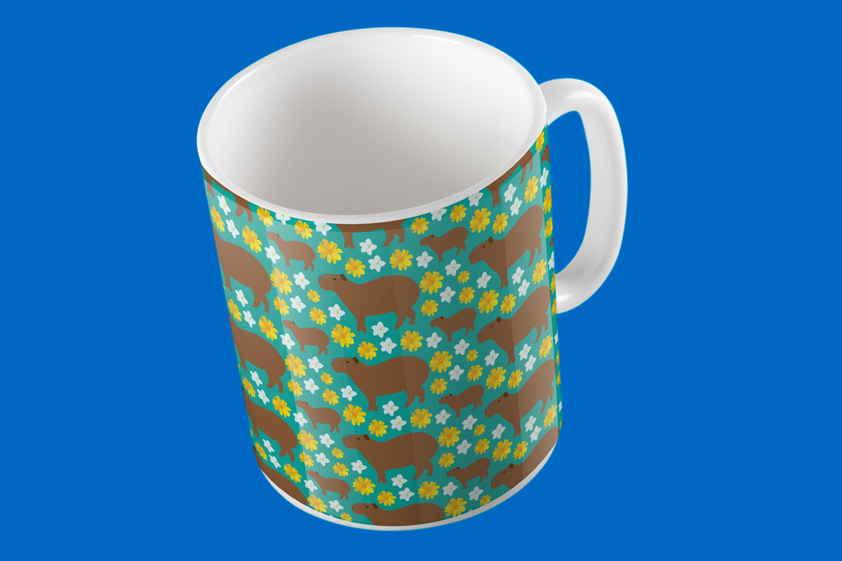 Taza de Cerámica Chigüire con Flores Azul | NaniGraphicart