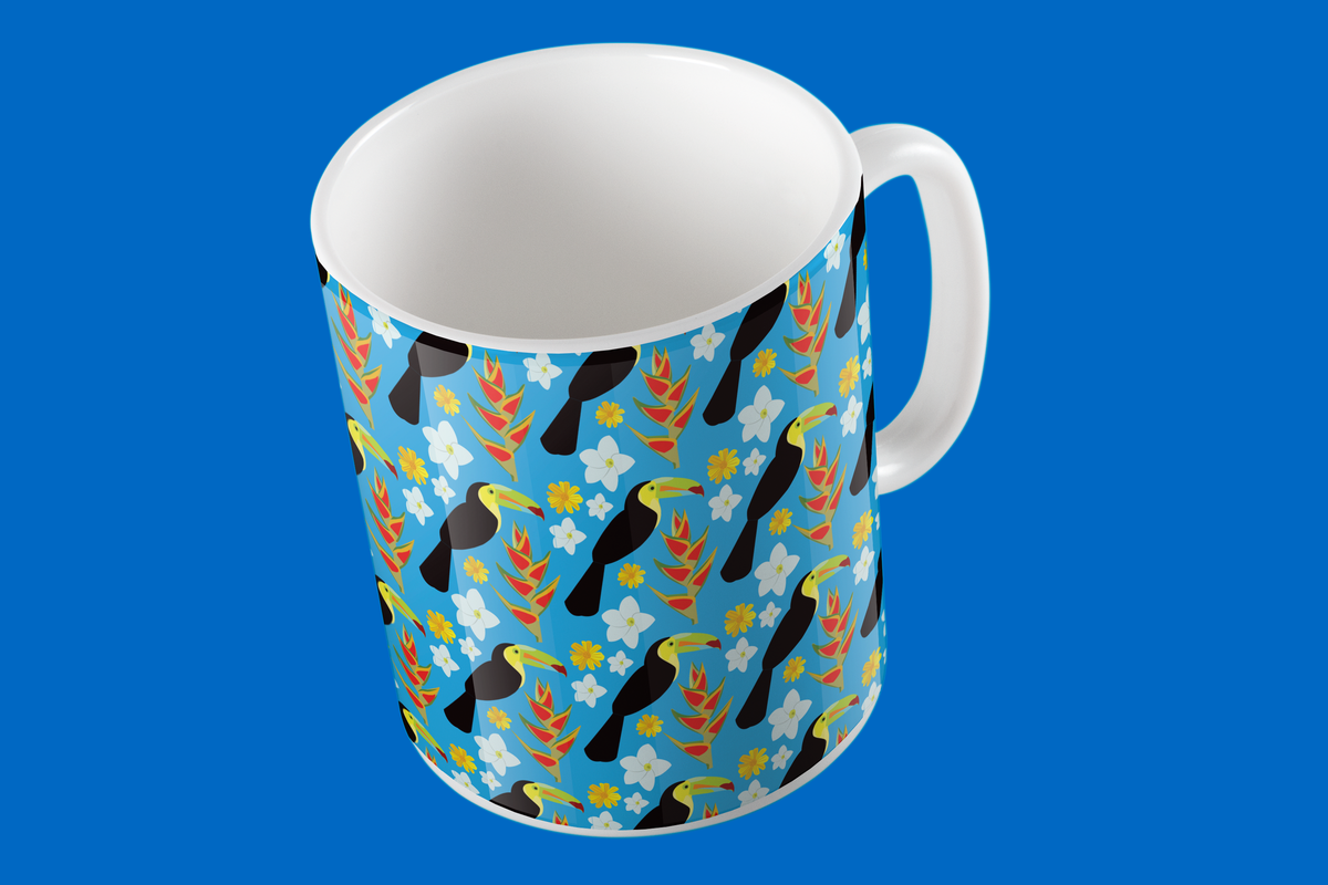 Taza de Cerámica Tucanes con Fondo Azul | Diseño Tropical | NaniGraphicart