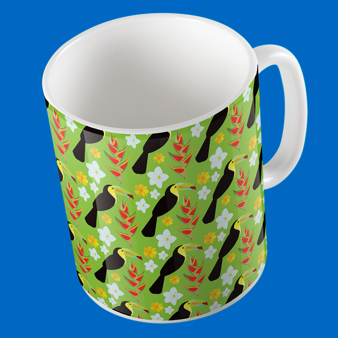 Taza de Cerámica Tucanes con Fondo Verde | Diseño Tropical | NaniGraphicart