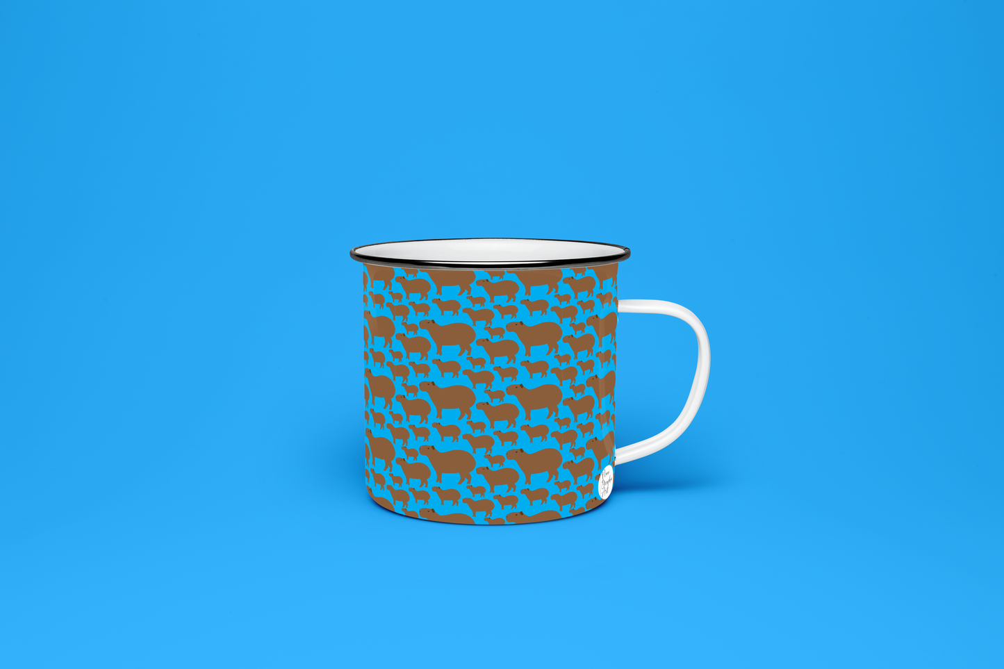 Taza de Peltre Chigüire Fondo Azul | Pocillo de Café Venezolano