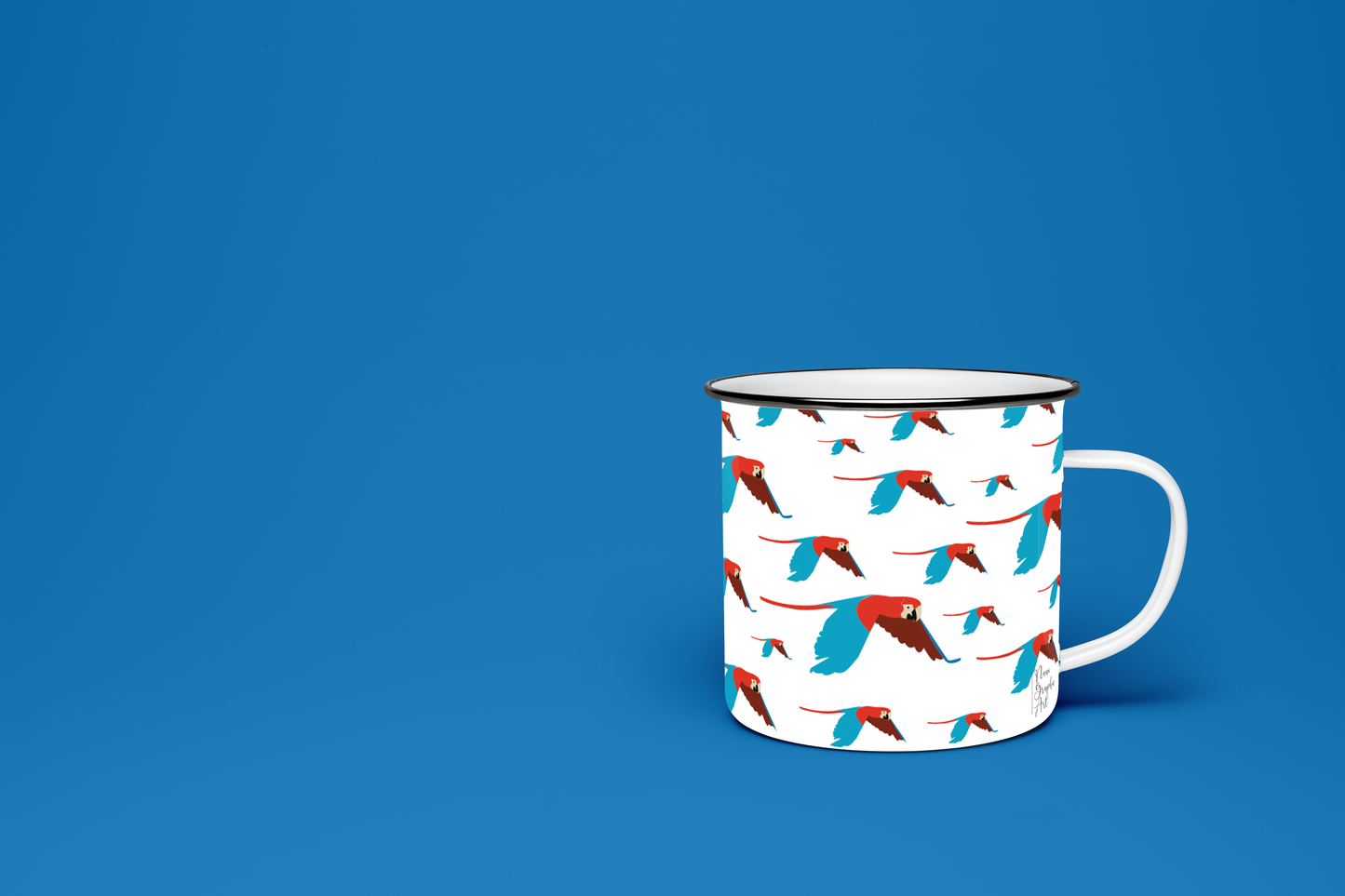 Taza de Peltre con Diseño de Guacamayas | Taza de Metal Blanca