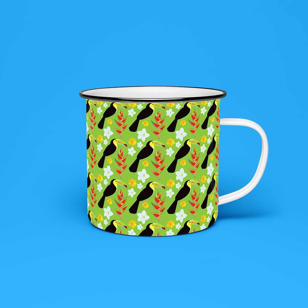 Taza de Peltre Tucanes y Flores Fondo Verde | Diseño Tropical | NaniGraphicart