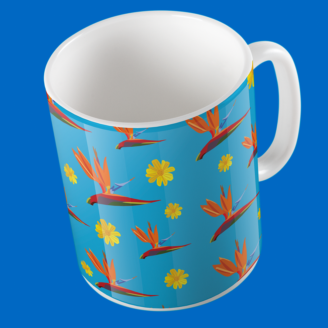 Taza de Cerámica Flores Tropicales Fondo Azul | Diseño Tropical | NaniGraphicart