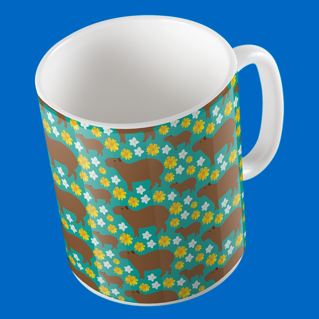 Taza de Cerámica Chigüire con Flores Azul | NaniGraphicart