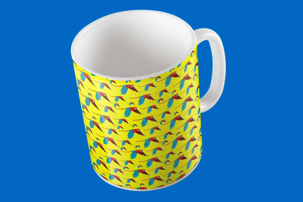 Taza de Cerámica Guacamayas Fondo Amarillo | Diseño Tropical | NaniGraphicart