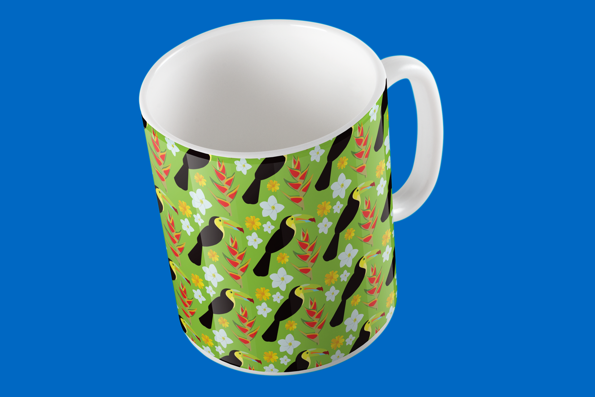 Taza de Cerámica Tucanes con Fondo Verde | Diseño Tropical | NaniGraphicart