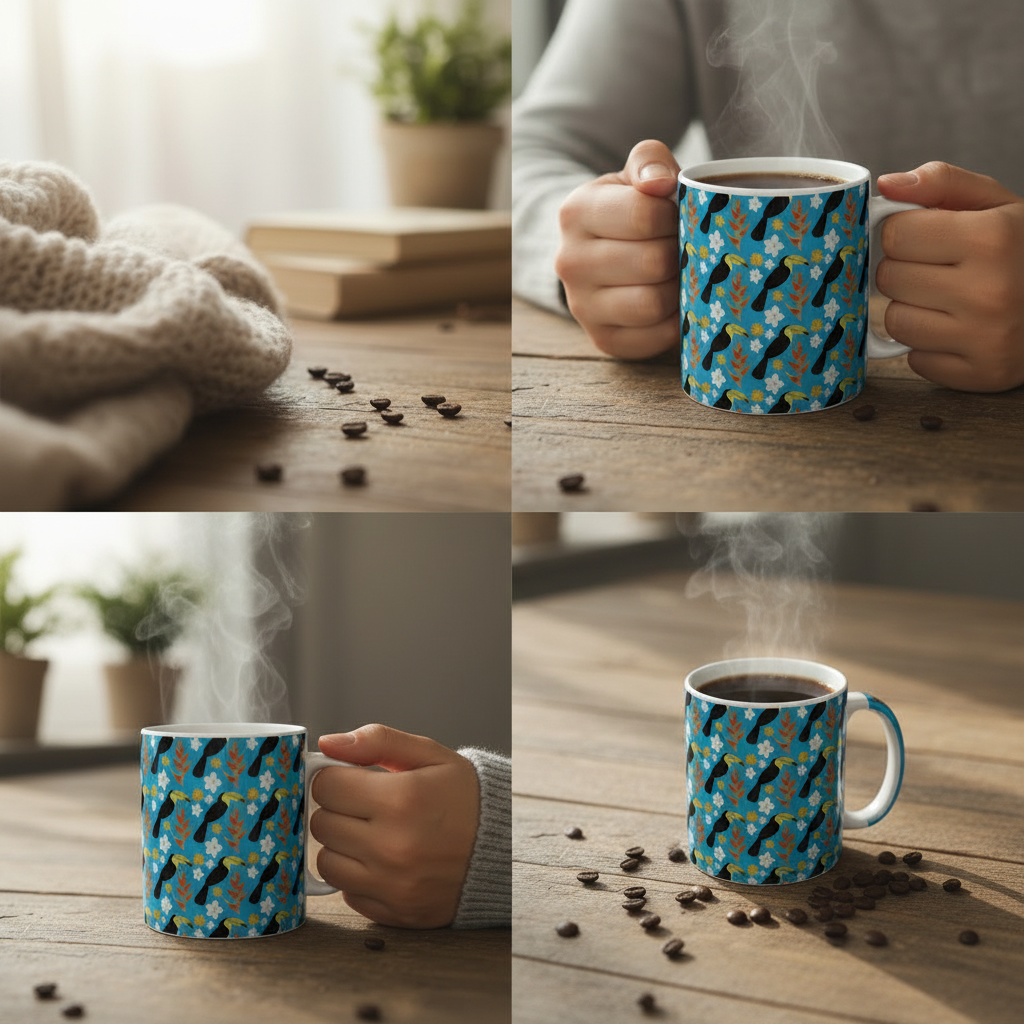 Taza de Cerámica Tucanes con Fondo Azul | Diseño Tropical | NaniGraphicart