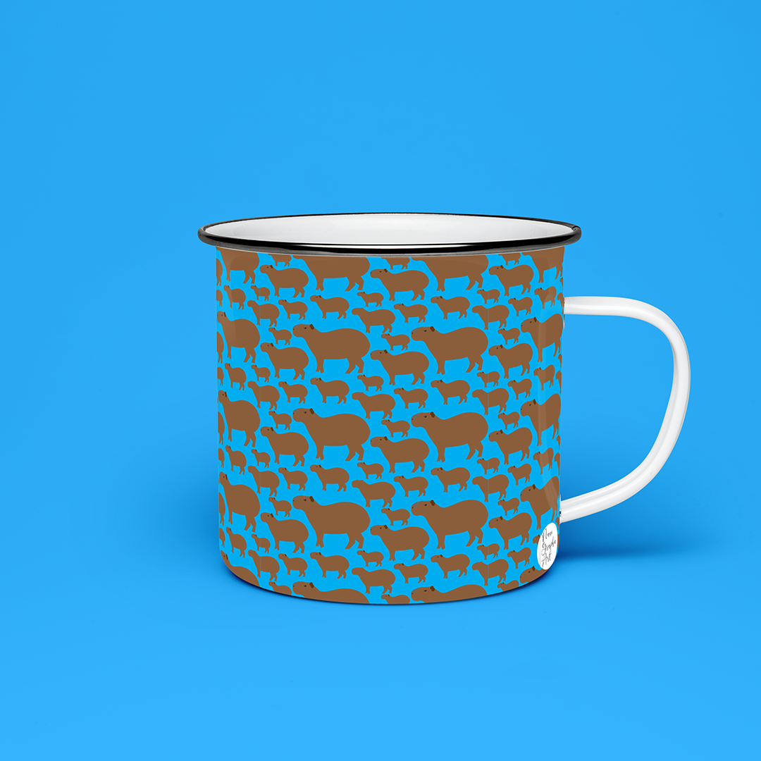 Taza de Peltre Chigüire Fondo Azul | Pocillo de Café Venezolano