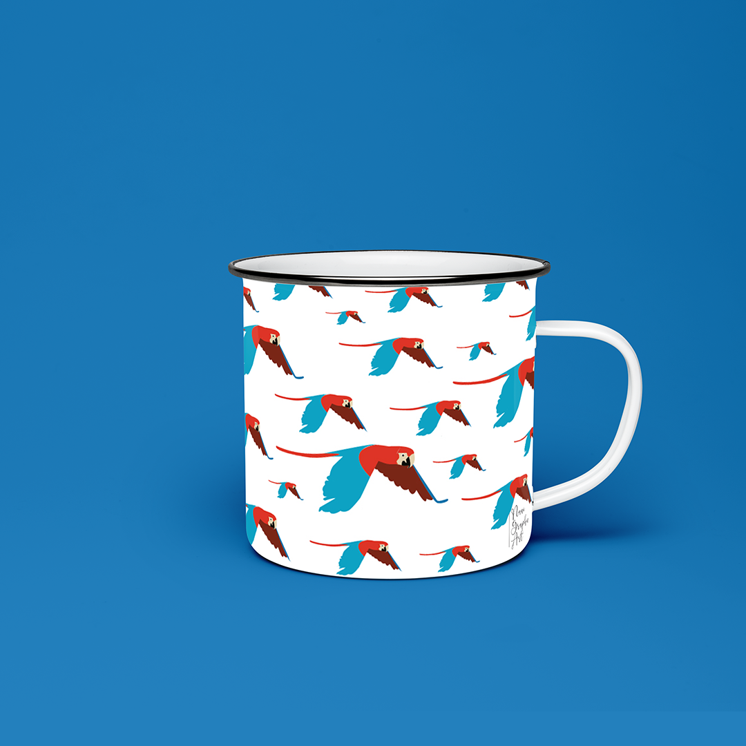 Taza de Peltre con Diseño de Guacamayas | Taza de Metal Blanca