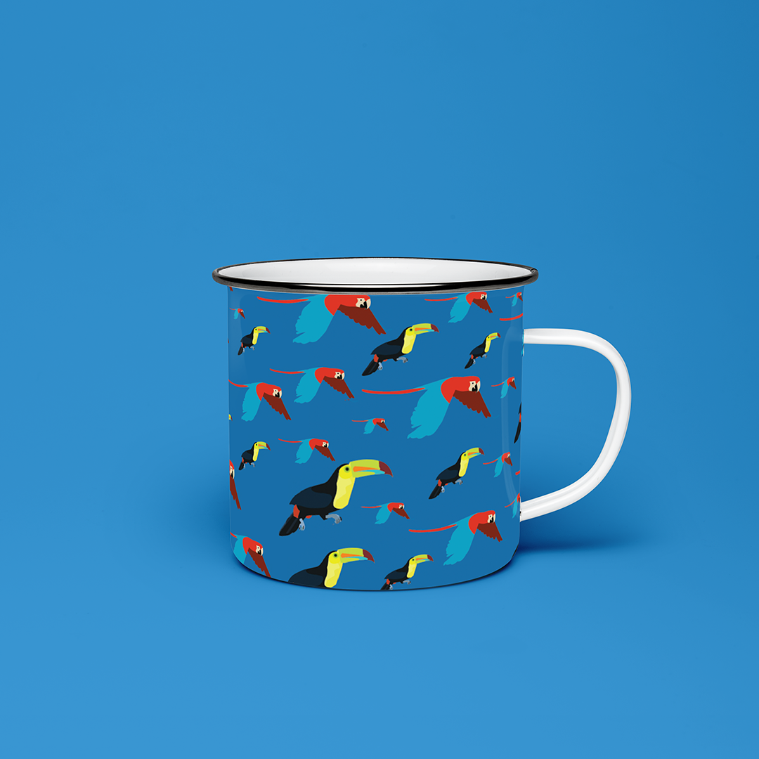 Taza de Peltre Guacamayas y Tucanes | Diseño Tropical | Edición Especial