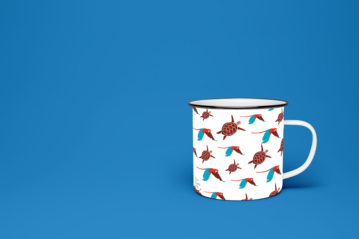 Taza de Peltre Personalizada - Ilustración Guacamayas y Tortugas de Venezuela