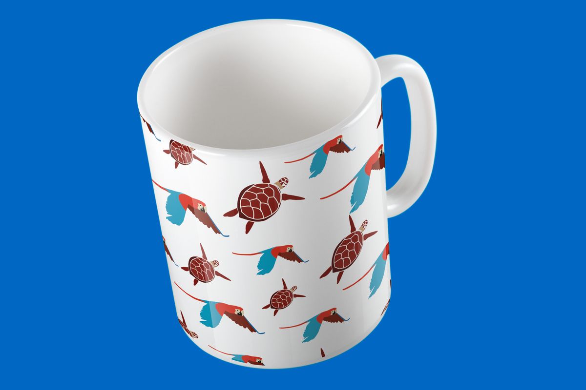 Taza de Cerámica Guacamayas y Tortugas | Diseño Tropical | NaniGraphicart
