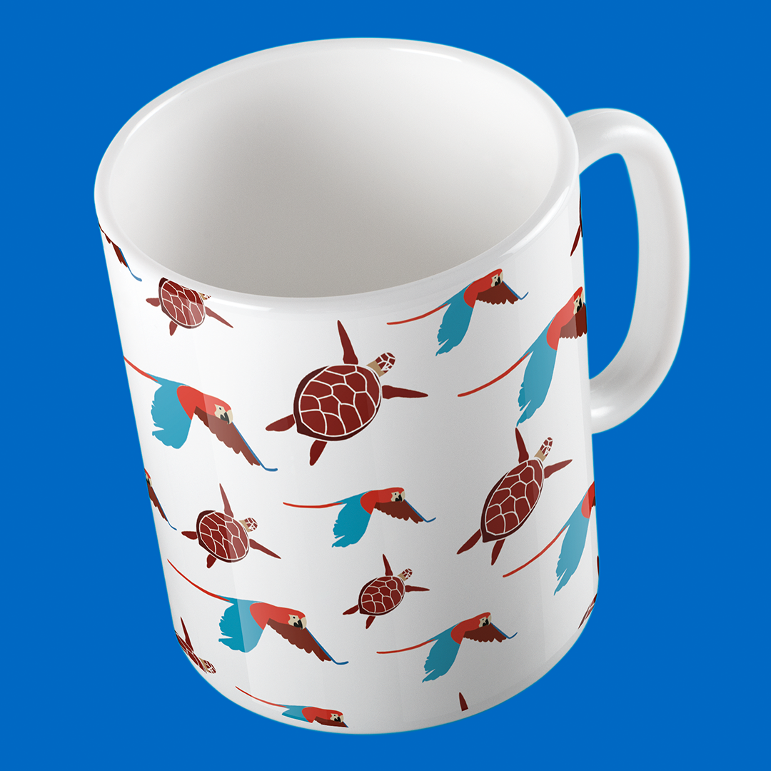 Taza de Cerámica Guacamayas y Tortugas | Diseño Tropical | NaniGraphicart