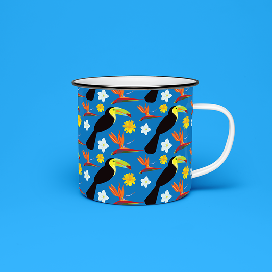 Taza de Peltre Tucanes y Aves del Paraíso | Diseño Tropical | NaniGraphicart