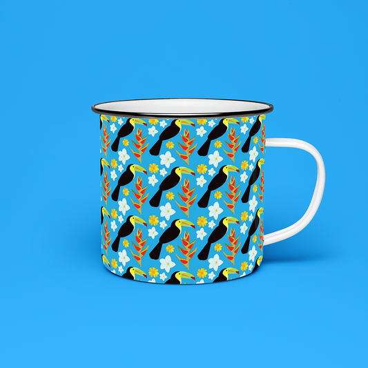 Taza de Peltre Tucanes y Flores | Diseño Tropical | NaniGraphicart
