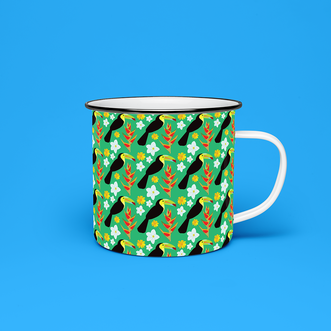 Taza de Peltre Tucanes y Heliconias | Diseño Tropical | NaniGraphicart