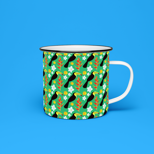 Taza de Peltre Tucanes y Heliconias | Diseño Tropical | NaniGraphicart